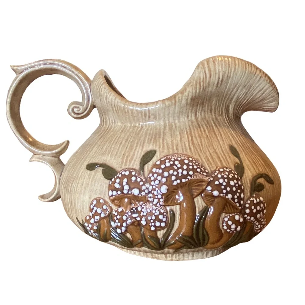 Arnel’s Beige Ceramic Mushroom Teapot Pitcher Set‎ 70s Cottagecore 2pc
